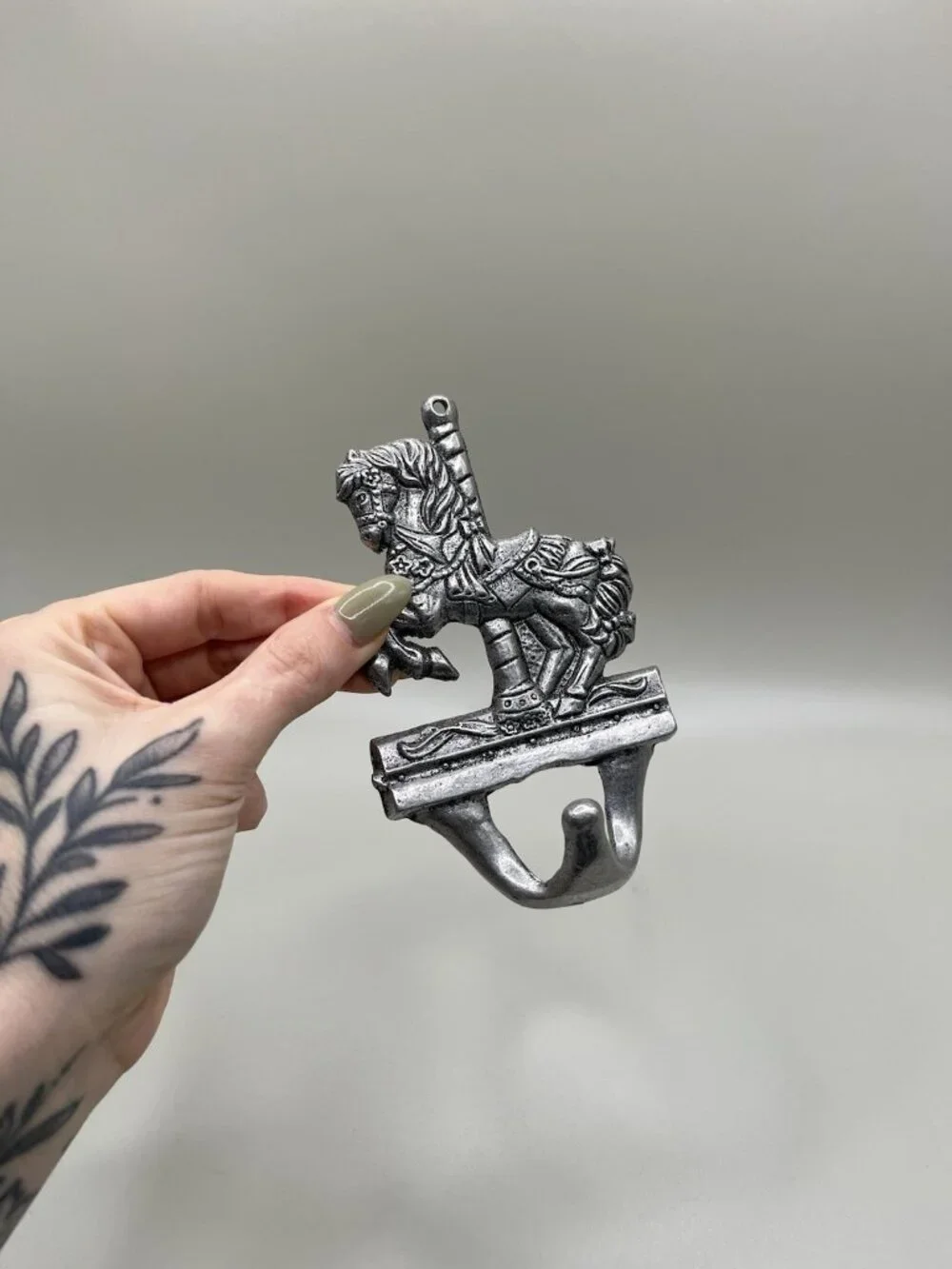Vintage Silver Tone Carousel Horse Wall Hook Cast Metal Nursery Victorian Circus